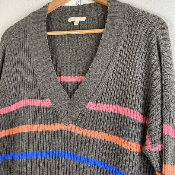 Lisa Todd Neon Stripe V Sweater Size M Gray Pink Cotton Linen Relaxed Maximalist - Picture 5 of 11